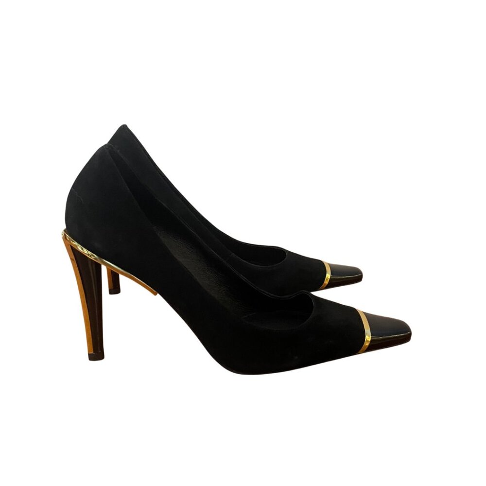 Jeffrey Campbell Black and Gold Suede Pumps